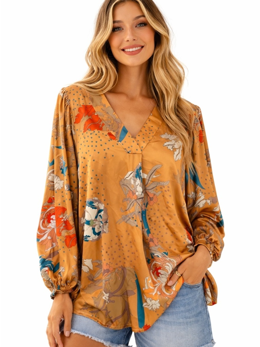 Botanical Print Boho Blouse Bishop Sleeve Satiny Floral Flowy Resortwear Medium